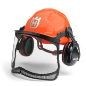 Casque avec visire grillage, coiffe interne et protecteurs d'oreilles